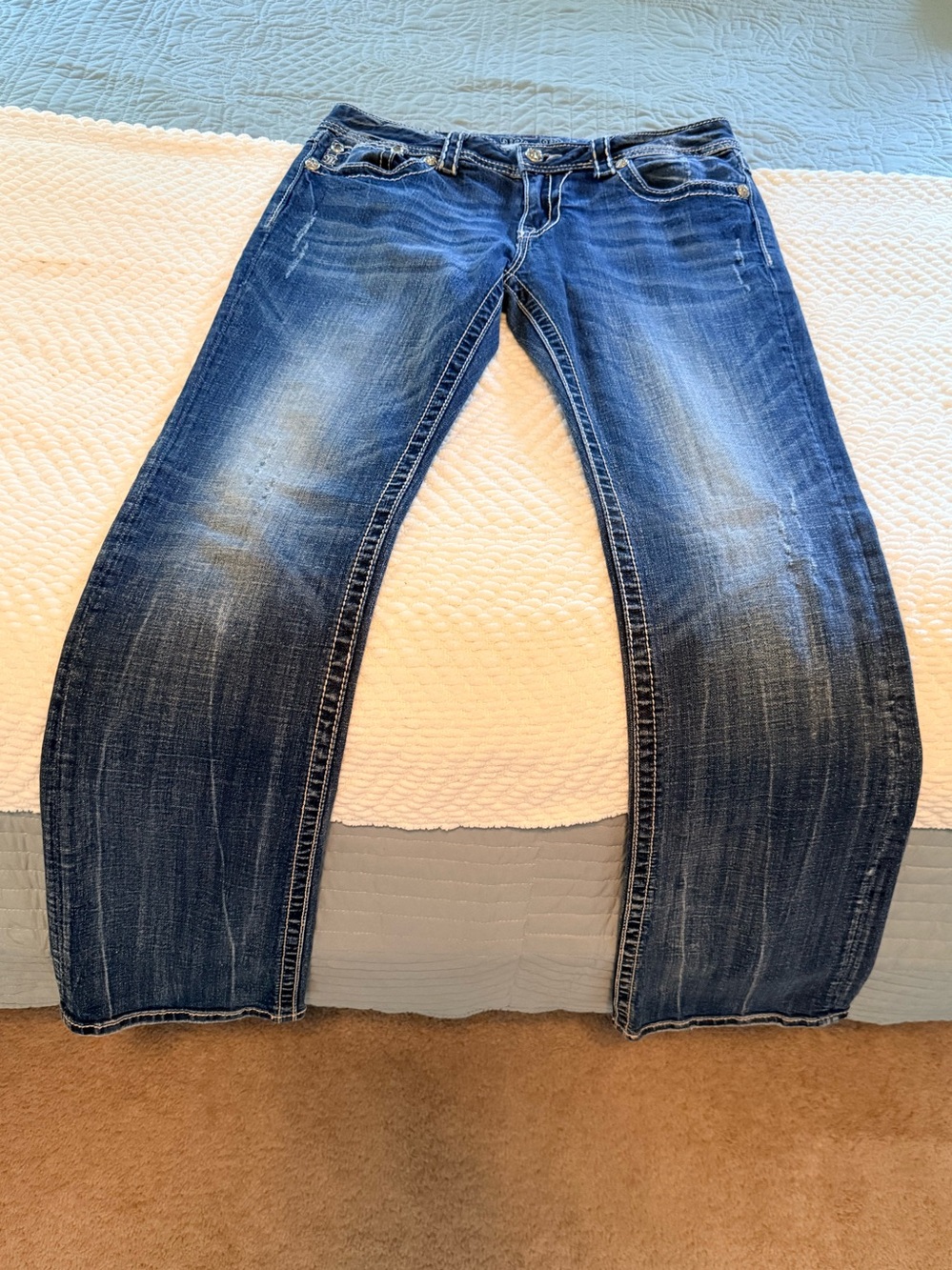 Miss Me Classic Women’s Blue Denim Jeans - Faded Wash & Elaborate Back Pockets
